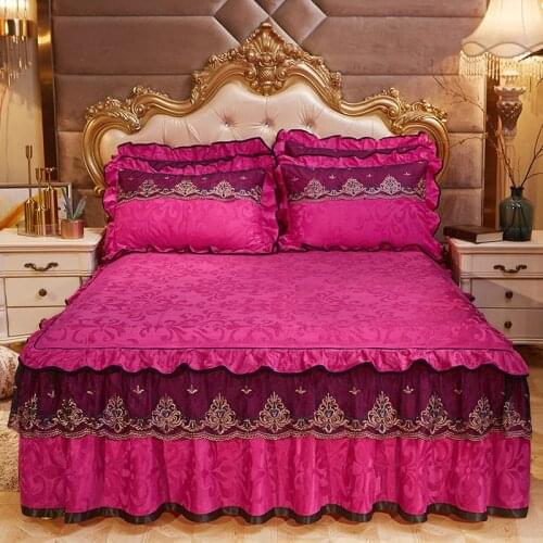 Lace Embroidered Princess Bedding Bed Skirt Pillowcase Set Rose Red 1/3pcs Thick Velvet Warm Bedspread Sheet Mattress Cover King