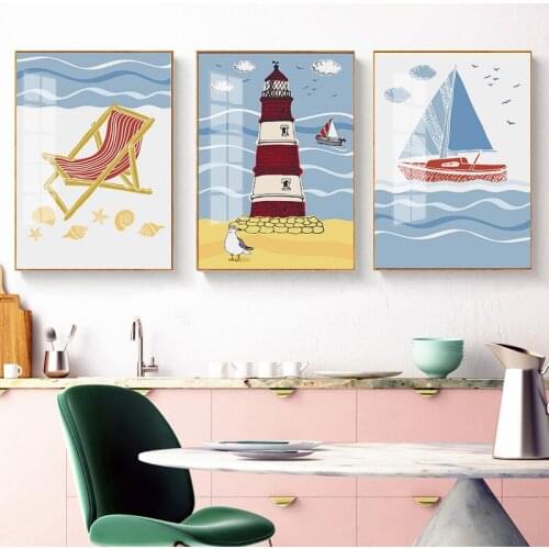 Simple modern Nordic cartoon lines lighthouse sea boat childrens room mural poster print picture decorative painting