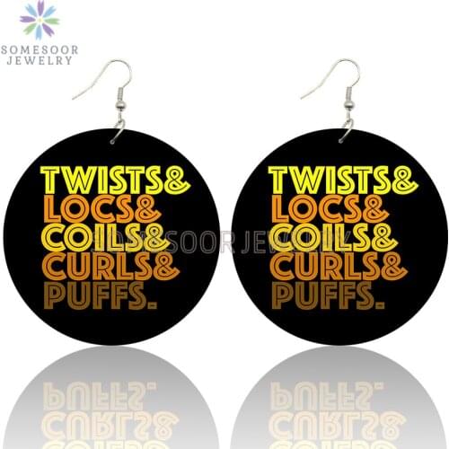 SOMESOOR Twists Locs Coils Curls Curvy Black Sayings Wooden Drop Earrings Both Sides Printed Melanin Words Loops For Women Gift