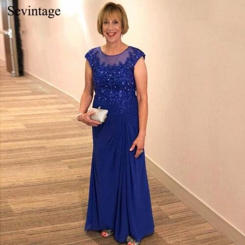 Sevintage Royal Blue Scoop Chiffon Mother of the Bride Dress Sheath Cap Sleeve Crystal Lace Wedding Party vestido de madrinha