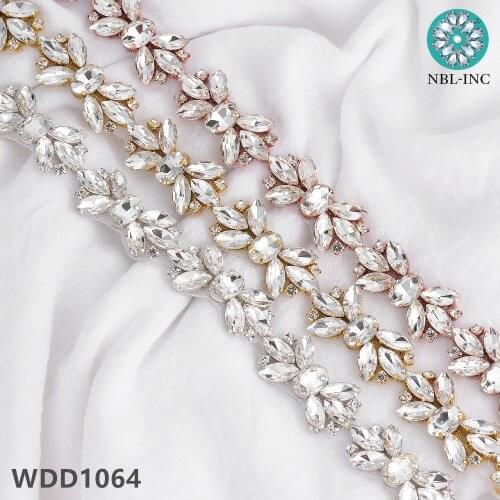 1 yard ）Silver gold crystal rhinestone bridal belt trim gold iron on sew on for wedding dress WDD1064