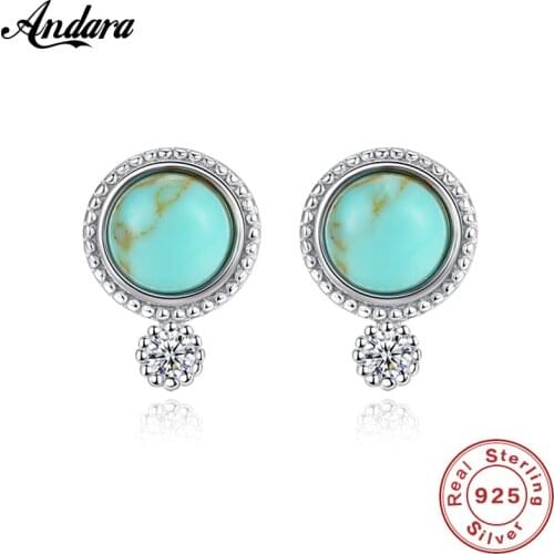 New 2019 Vintage 925 Sterling Silver Turquoise Round Stud Earrings Fashion Jewelry For Women Female Gift