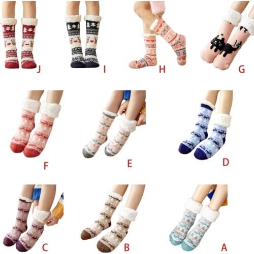 Women Winter Warm Fuzzy Faux Fleece Lined Slipper Socks with Non Slip Grippers Christmas Reindeer Knitted Floor Hosiery