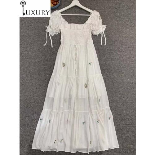 2020 Bohemian Summer Beach Casual Fashion Women Sexy Square Collar Little Flower Print Short Sleeve Big Swing White Dress