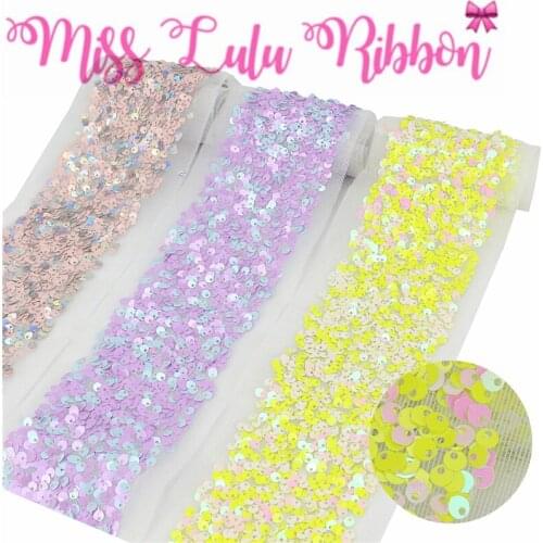 3"75mm Scatter Sequin Tape (Back Side with Tulle, 9.5cm Width Added 1cm Edge Both Side) 25.5yards/Pack (3*8.5y/lot) Lt.Blue Pink