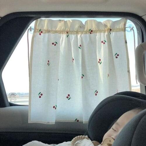 Car Opaque Curtain Cotton Embroidery Sun Shade Light Blocking Suction Cup Window Sunshade Cover Drawstring Pastoral White Cherry