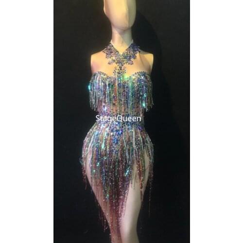 DS Colorful Fringes Rhinestones Bodysuit Women Stage Dance Costume Nightclub Dance Female Singer Show Bright Leotard Dj clothes