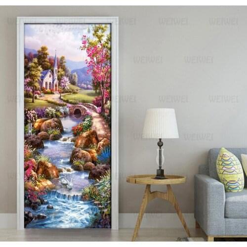 DIY Ldyllic Oil Painting Landscape 3D Door Sticker PVC Material Waterproof Doors Poster Wall Decal Sticker For Living Room Decor