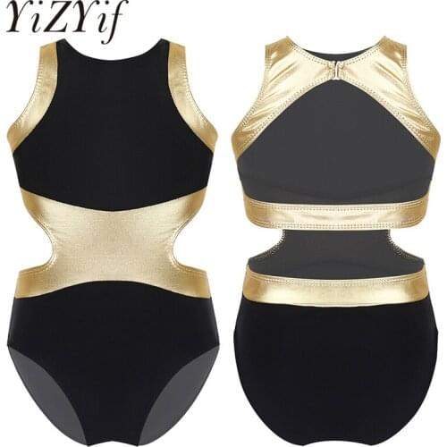 Gymnastics Leotards For Girls Kids Ballet Dancewear Sleeveless Metallic Splice Back & Side Waist Cutouts Ballet Dance Jumpsuit