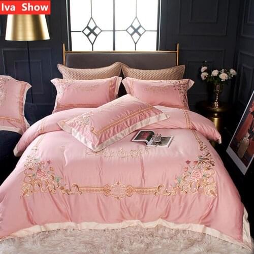 Iva Show Pink Long-staple Cotton Bedding Set European Style Bed Set Embroidery Pillowcases Queen King Size Bed Four-pieces