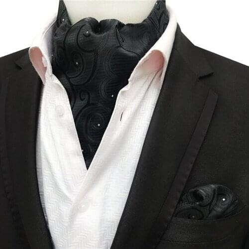 Gentlemen Ascot Set Luxury Black Paisley Pattern Formal Scarf Sets with Pocket Square