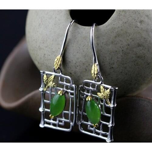 L&P Vintage Gemstone Thai 925 Silver Natural Jade Wedding Drop Earring 925 Sterling Silver Statement Earrings Women Jewelry