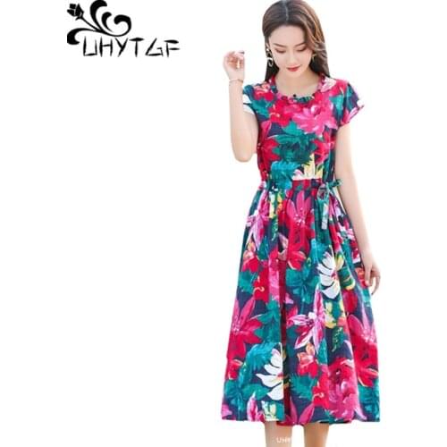 UHYTGF 2021Cotton Linen Summer Dress Women Fashion Printed Long Dresses Belt Slim 6XL Plus Size Dress Vestidos Mujer Verano 1435