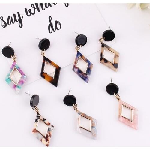 LUBOV Colorful Resin Stone Plated Square Shape Geometric Gold Color Metal Dangle Earrings Vintage Women Drop Earrings 2019 New