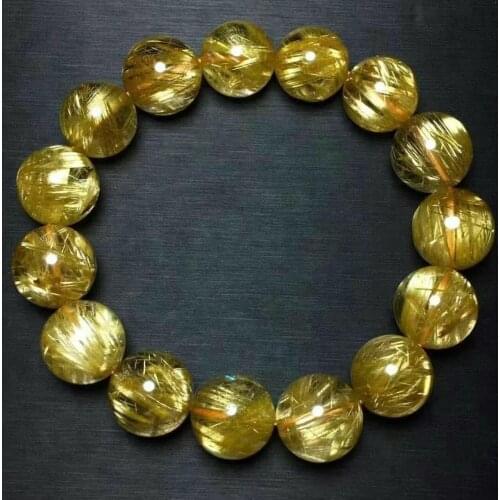 Top Natural Gold Rutilated Quartz Clear Round Beads Bracelet 14.6mm Women Men Fashion From Brazil Wealthy Stone AAAAAAA
