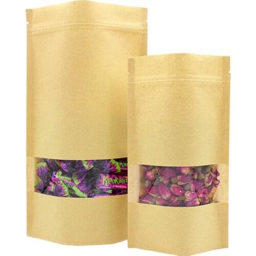 Kraft Paper Storage Bag Stand Up Zip Lock with Clear Window for Food Tea Dried Fruit Coffee Bean Packaging 20PCS