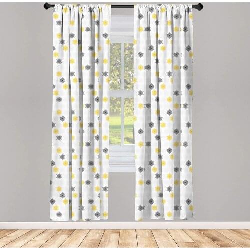 Grey and Yellow Window Curtain Moroccan Style Modern Sun Beam Flowers with Rounds Dots Lightweight Decorative