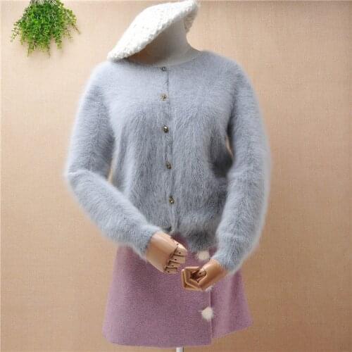 Top mujer women hairy fluffy mink cashmere short style crop top cardigans button angora rabbit fur winter jacket coat sweater