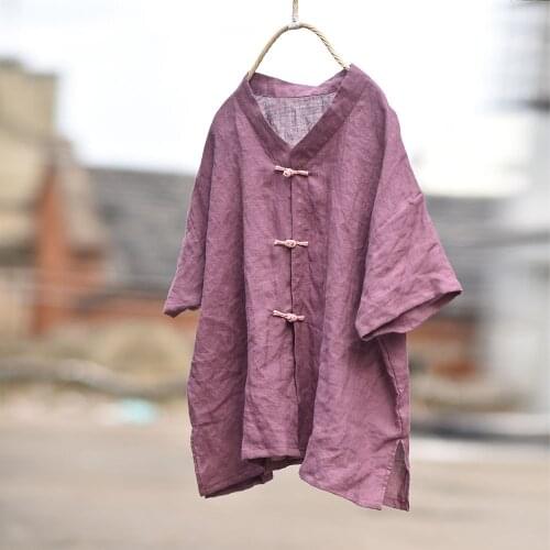 Women Loose Chinese Style V Neck Ramie Shirt Tops Ladies Single Breasted loose Blouse Female Vintage Ramie Tops 2020 Summer