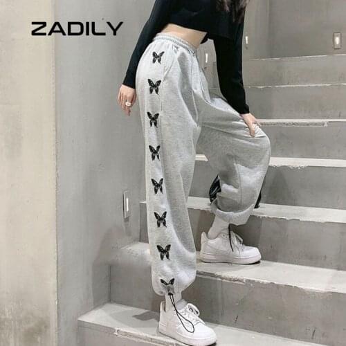 ZADILY Y2K Street Sytle Elastic Waist Hip Hop Pants Harajuku Loose Cotton Butterfly Print 2021 Summer Tie Feet Women Long Pants