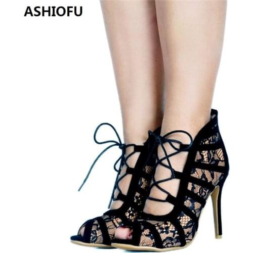 ASHIOFU Handmade New Ladies High Heel Pumps Air-mesh Peep-toe Party Prom Shoes Lace-up Fashion Evening Court Shoes