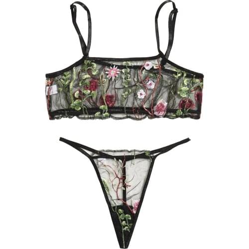 Women Sexy Two-piece Lingerie Set, Black Floral Printed Pattern See-through Tops + Panties