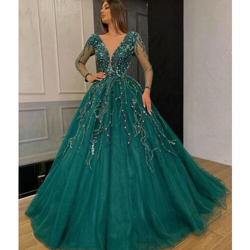 Charming Prom Dresses Full Sleeve Beads Formal Gowns Long vestido de fiesta abiye Illusion Elegant Evening Dress robe de soiree