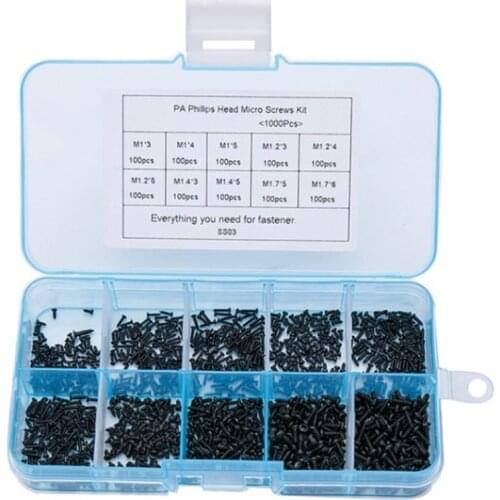 1000Pcs/set M1 M1.2 M1.4 M1.7 Mix PA Phillips Head Micro Screws Round Head Self-tapping Electronic Small Wood Screws Kit