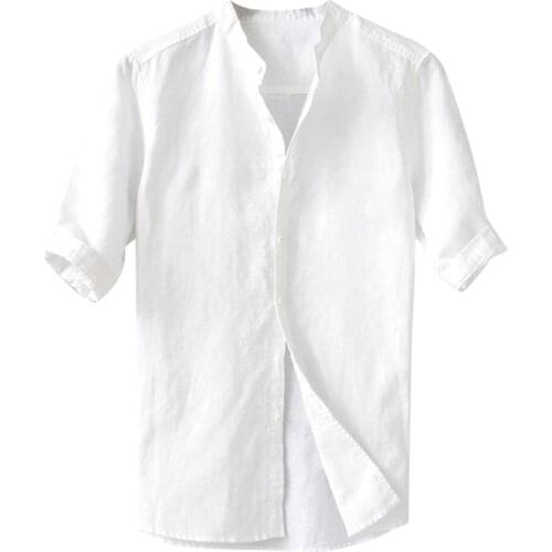 Basic Minimalist Summer Shirt Mens Breathable Solid Color Button Cotton Shirt Five-point Short Sleeve Tops Daily Office Wear