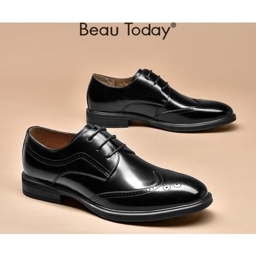 BeauTodya Brogue Shoes Men Calfskin Leather Business Wedding Flats Wingtip Round Toe Lace-Up Male Derby Shoes Handmade 51049