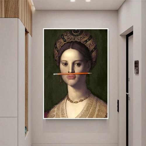 European Classical Oil Painting On Canvas Poster Pen and Lips Creative Prints Wall Art Funny Decorative Pictures For Living Room