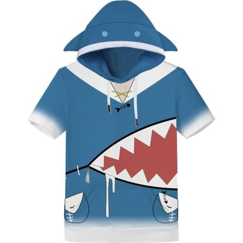 Hololive English VTuber Gawr Gura T-shirt Summer Short Sleeve Print Hooded Shirt