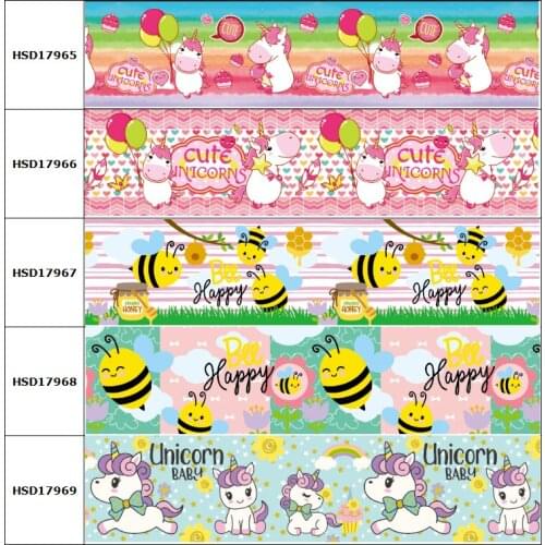 HSDCraft 25mm 38mm 75mm Unicorn Bee Spring Printed Grosgrain Ribbon Party Decoration 10 Yards DIY Bow Bag Material Handmade