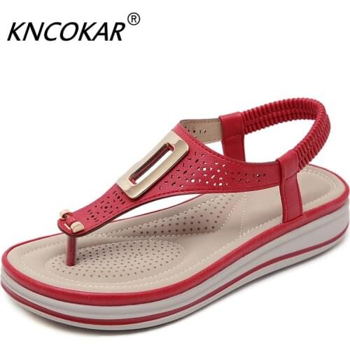 KNCOKAR New Summer Fashion Metallic Flip-Flop Sandals Casual And Comfortable Womens Sandals With Large Wedge Heels 35-42