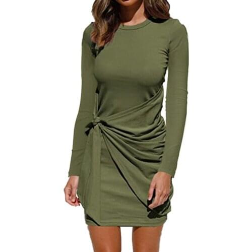 2021 Hot Sale Solid Color All-match Beautiful Long-sleeved Dress Casual Round Neck Pullover Pleated Tie Knotted Woman Dresses