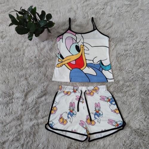 Disney cartoon Donald Duck print women fashion fashion Mickey Mouse suspenders tight sexy two piece vest shorts new sports suit