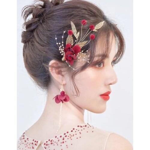 Romantic Red Flower Pom Pom Ball Hairpins & Earring Sets for Women Bridal Jewelry Evening Party Wedding Hair Access
