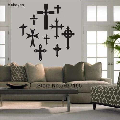 Makeyes Crosses Flowers Wall Stickers Home Livingroom Wall Decals Religious Vinyl Wallpaper Spiritual Symbols House Mural Q909