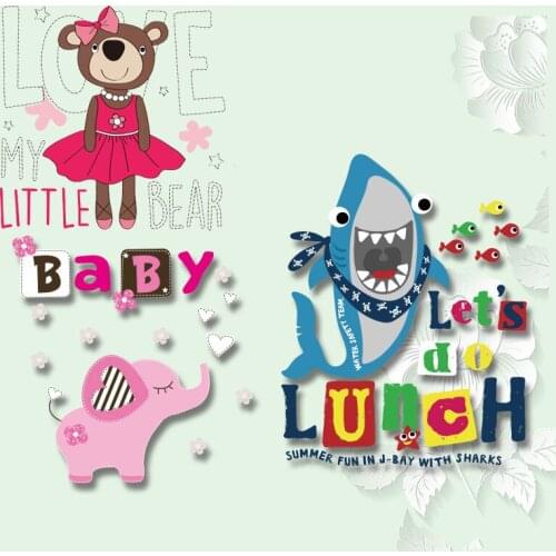 Monkey Shark Elephant Bear Iron on Heat Transfer Printing Patches 3D Diy Sticker Washable for Kids Clothes DIY Appliques