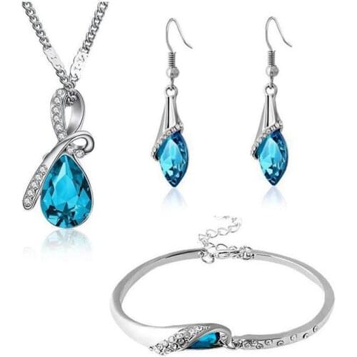 SHUANGR New Blue Crystal Waterdrop Necklace Earrings Bracelet Set Blue Gem Women Costume Jewelry Set 2018 Valentines Day Gift