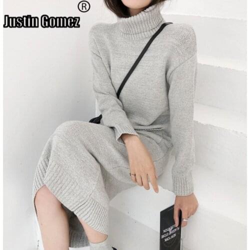 Slim Type Long-sleeved Sweater Dress Turtleneck Thick Winter Clothes Women With Pockets Elegant Knee-length Knitted Pullover