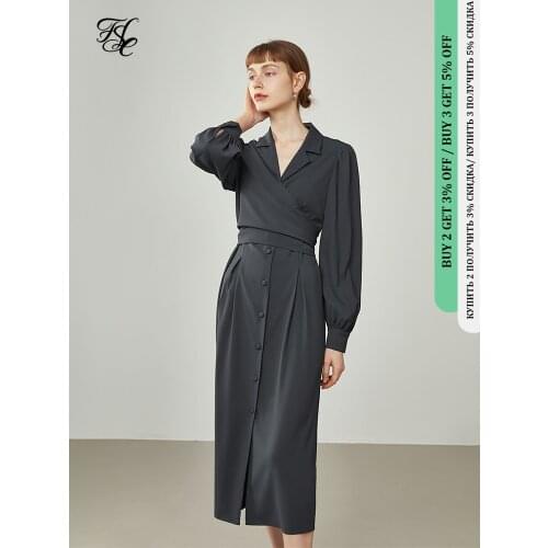 FANSILANEN Woman Dress Designed Shirt Dress Mid-length Korean Style High Waist Skirt Solid Long Sleeve Suit Collar A-line Skirts