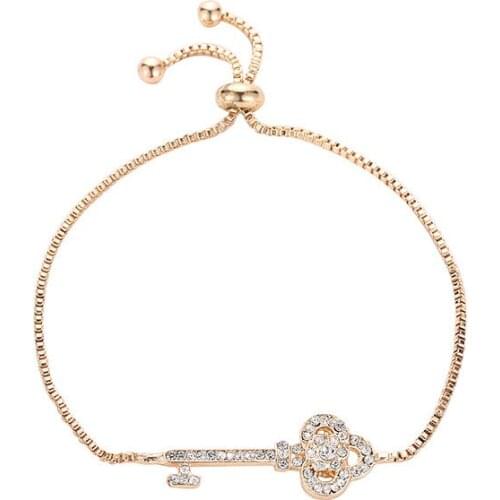 Adjustable Snake Chain Bracelet Gold Color Rhinestone Flower Pendant Key Charms Bracelets Bangle Crystal Jewelry Women Wristband