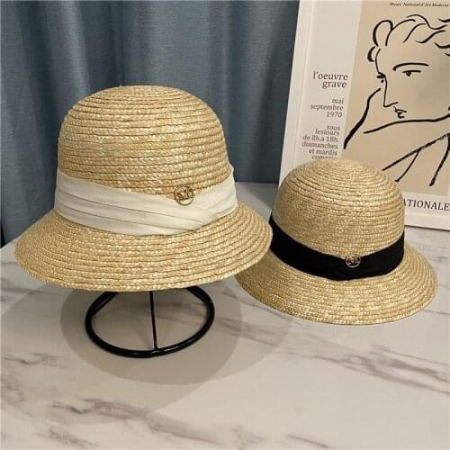 Womens Summer Hat Ribbon M Letter Decoration Bucket Hat Sun Protection Cap Female Dome Wide Brim Straw Hat Beach Hat Sun Hats