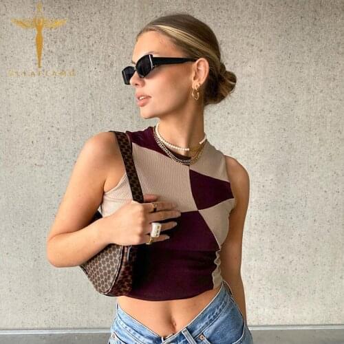 High Street Tank Tops Womens Harajuku O-Neck Sleeveless Camisole Contrast Color Patchwork Crop Tops Female Skinny Bottom Vest