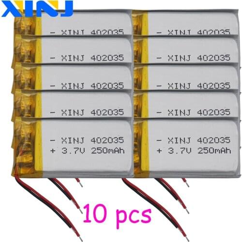 XINJ 10pcs 3.7V 250mAh Li lithium polymer battery lipo cell 402035 For watches mp3 3D glasses headphones speaker smart watch DVR