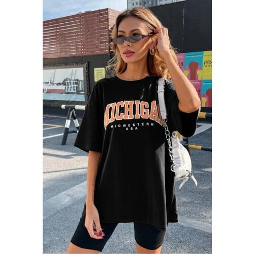 Womens Black Oversize Michigan Printed Tshirt Casual Fashion Items Street Sports Style Wear Spring Summer Dresses New Year