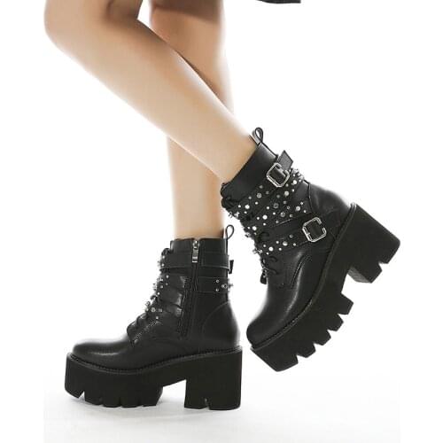 Gothic Black Ankle Boots For Women Plus High Heel Female Shoes Lace-Up Nigh Club Black Sexy Rivets Chain Short Bootsgt6