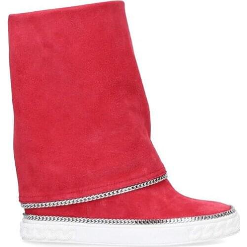 Woman Blue Red Pink Yellow Cow Suede Height Increasing Mid-calf Boots Girls Sliver Chains Slip On Hidden Wedge Fold Short Boots