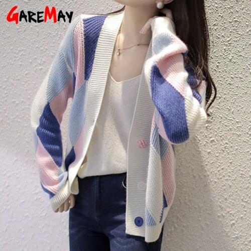 Autumn Winter Womens Cardigan Green Plaid V-neck Sweater Knitted 0versize Coat Button Vintage Warm Cropped Cardigan for Women